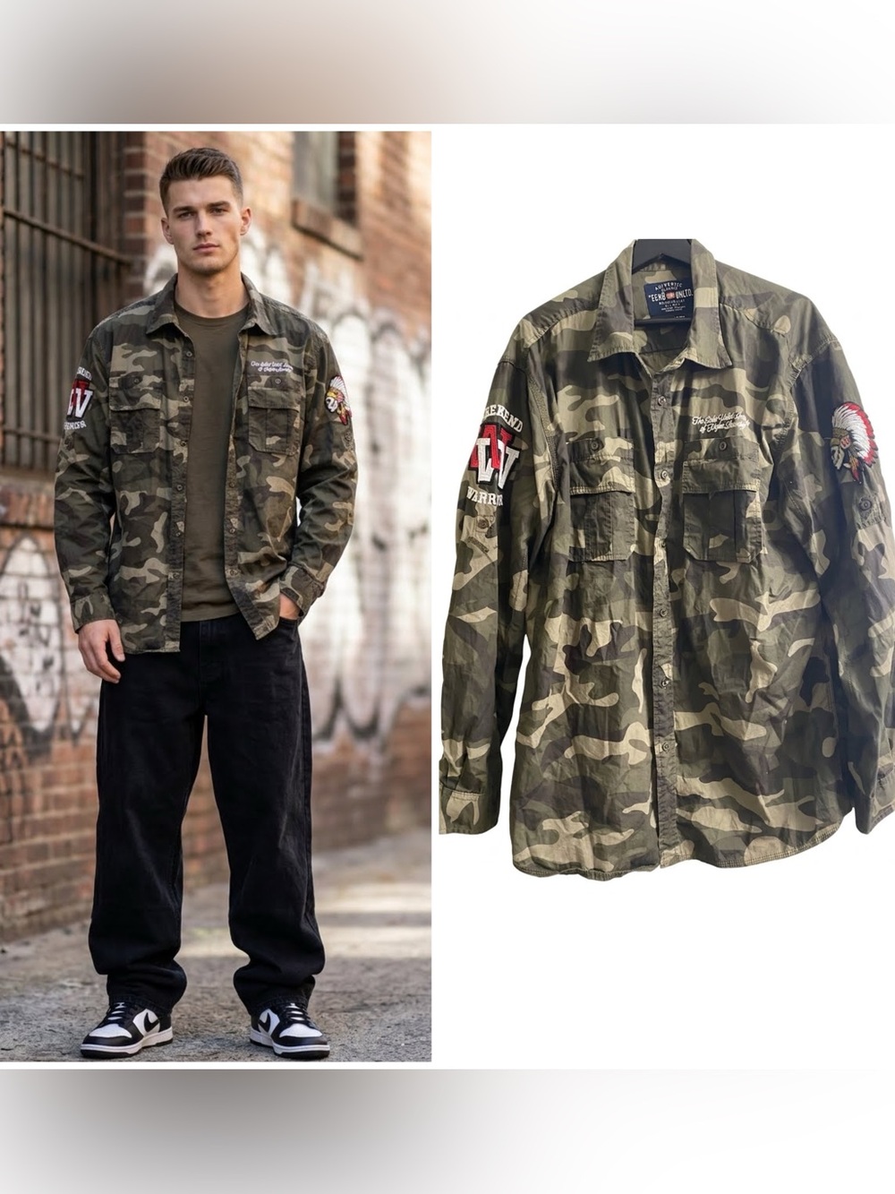 Vintage Ecko Unltd Y2K Camo Button Down Shirt Embroidered Graphic Utility XL